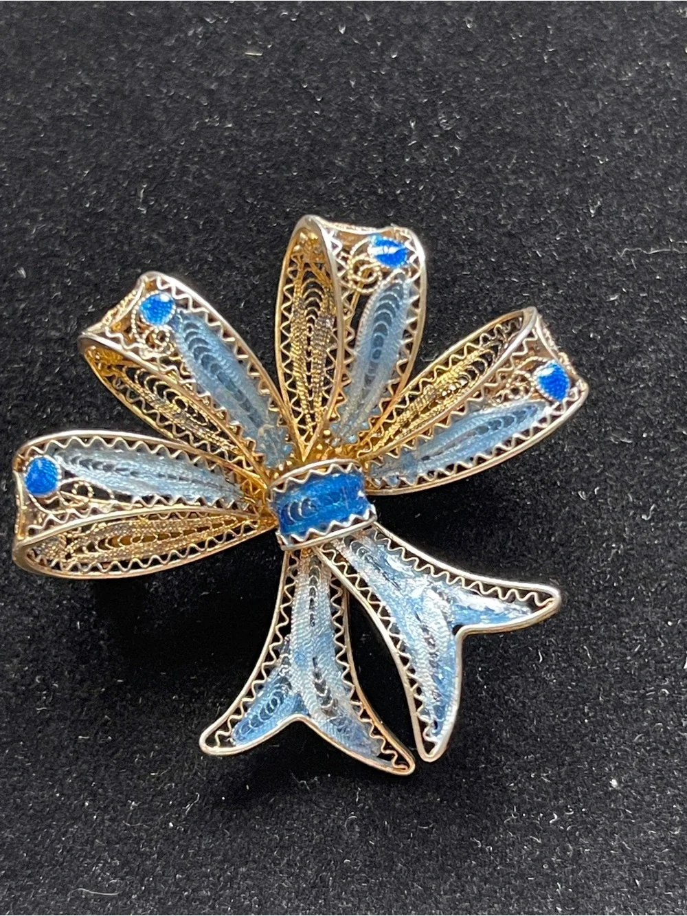 Vintage Blue Enamel Filigree Gold Washed 800 Silver Bow Brooch MCM